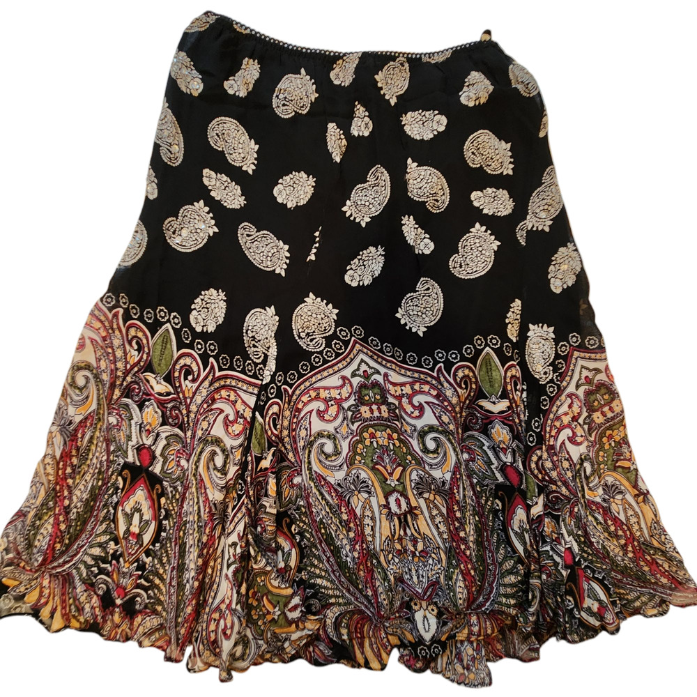 Lola P. Full, Flowy, Beaded Skirt, Paisley & Floral, Lined w/ Elastic Waist PM